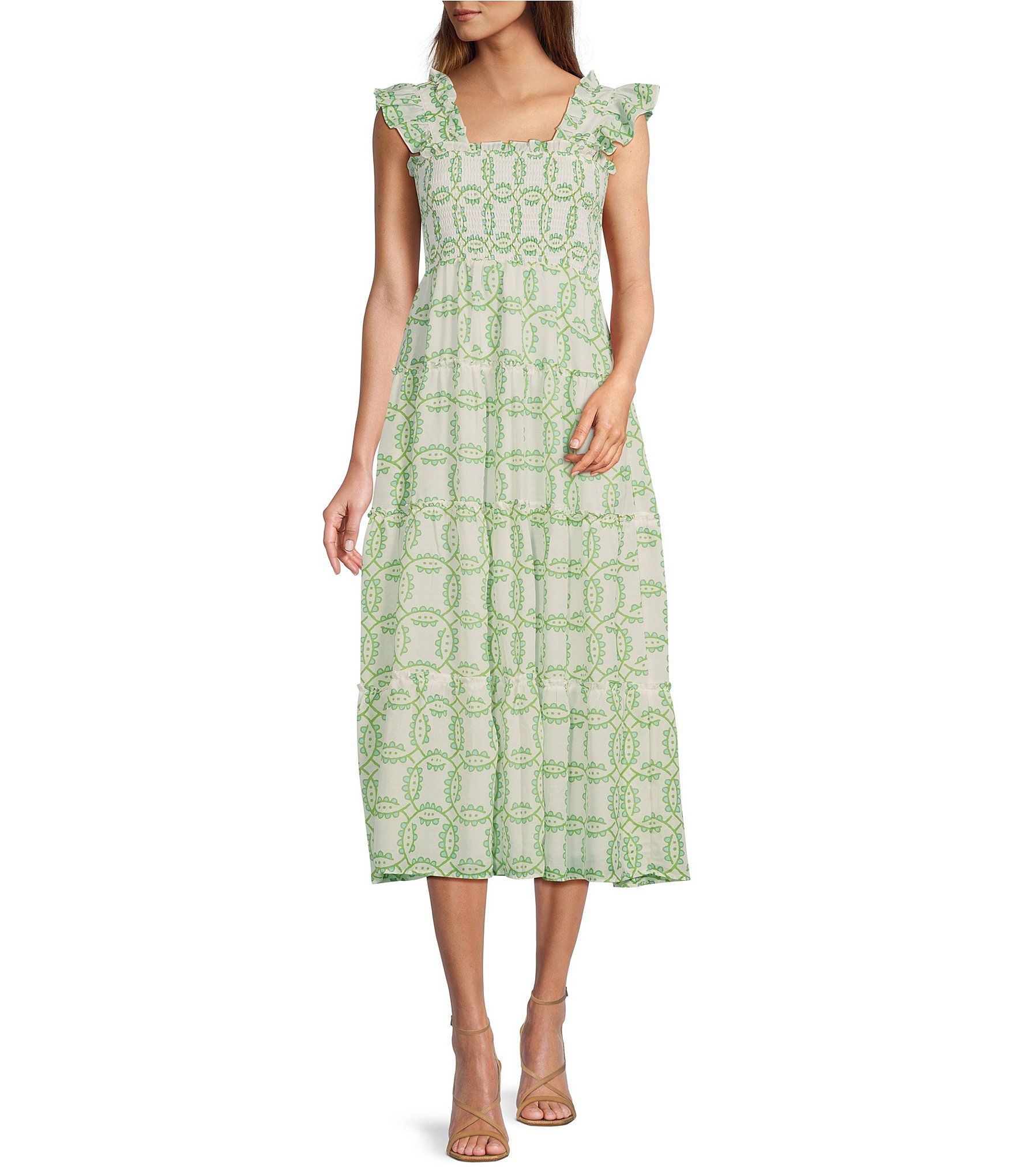 Loren Square Neck Ruffled Strap Tiered Midi Dress | Dillard's