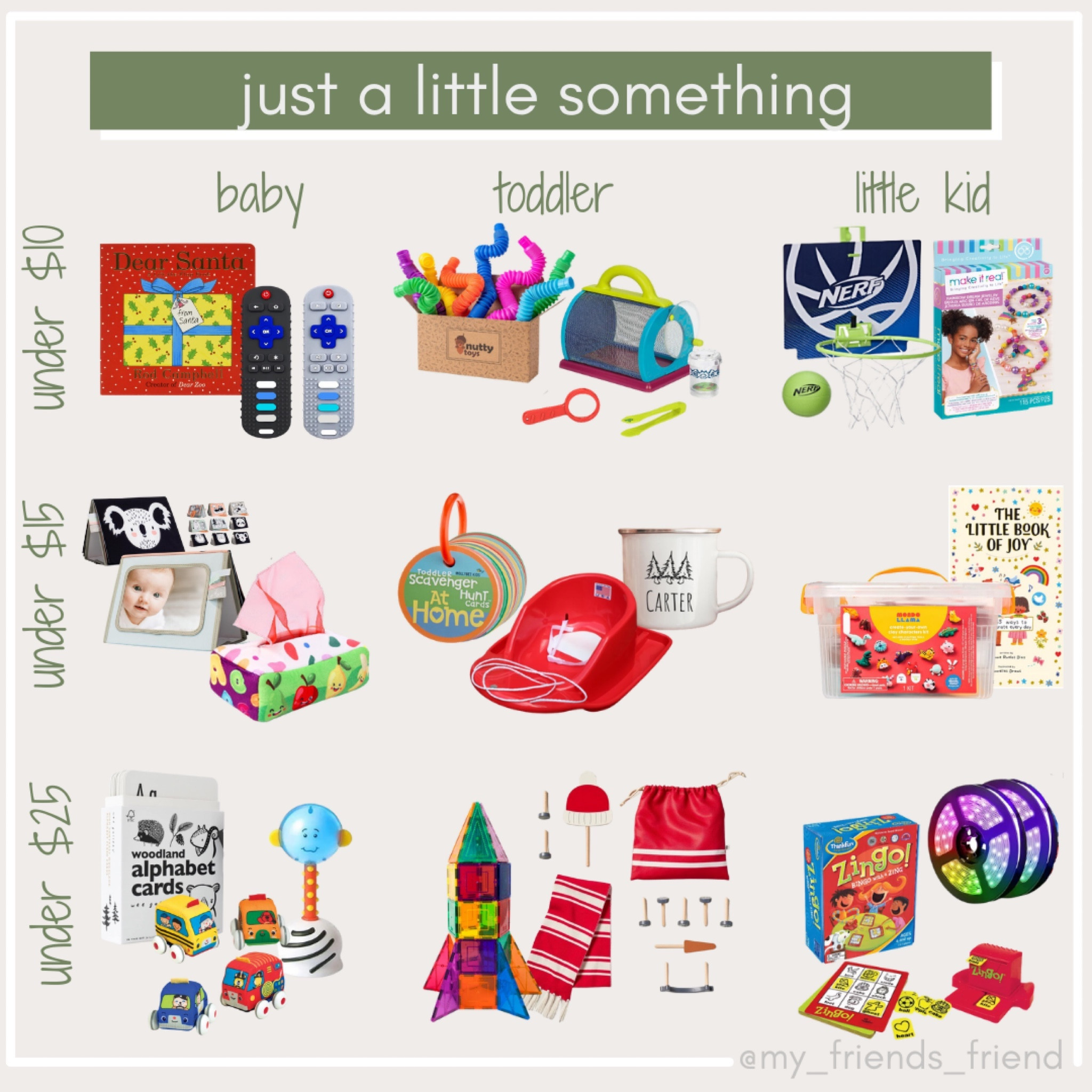 we alwaysss find ourselves needing “just a little something” for a friends kid, niece/nephew, neighbor, etc. during the holiday season that isn’t complete junk! we gotchu!

not linked:
-nerf over the door basketball hoop
-molly bee scavenger hunt cards




•note: items are reflective of price at time of post! holiday gifts//gifts for kids //christmas

#LTKbaby #LTKkids #LTKGiftGuide