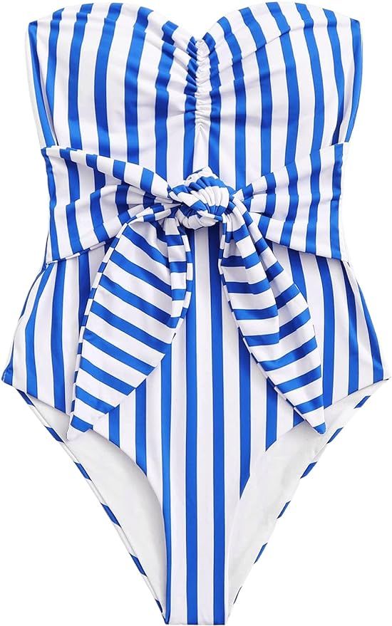 SweatyRocks Women's Bandeau One Piece Swimsuit Tie Front Tummy Control Bathing Suits | Amazon (US)