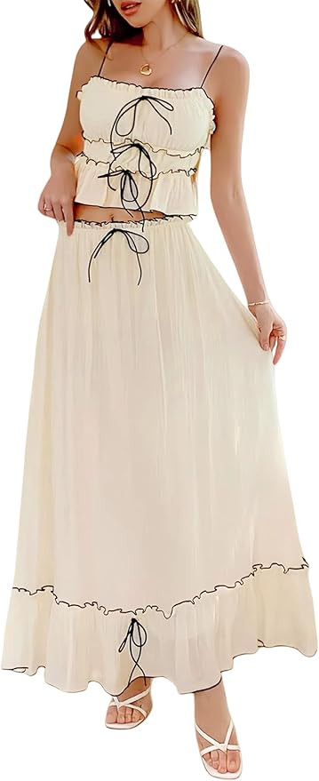 2026 Summer 2 Piece Maxi Skirt Set for Women Y2k Bow Tie Crop Top Flowy Ruffle Tiered Dress Vacat... | Amazon (US)
