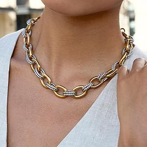 Fullpop Two-Tone Twisted Link Bracelet Necklace for Women - Gold & Silver Stainless Steel, Hypoal... | Amazon (US)
