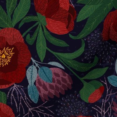 Embroidered Peony_ King Protea_ berries floral pattern moody dark blue backround | Spoonflower