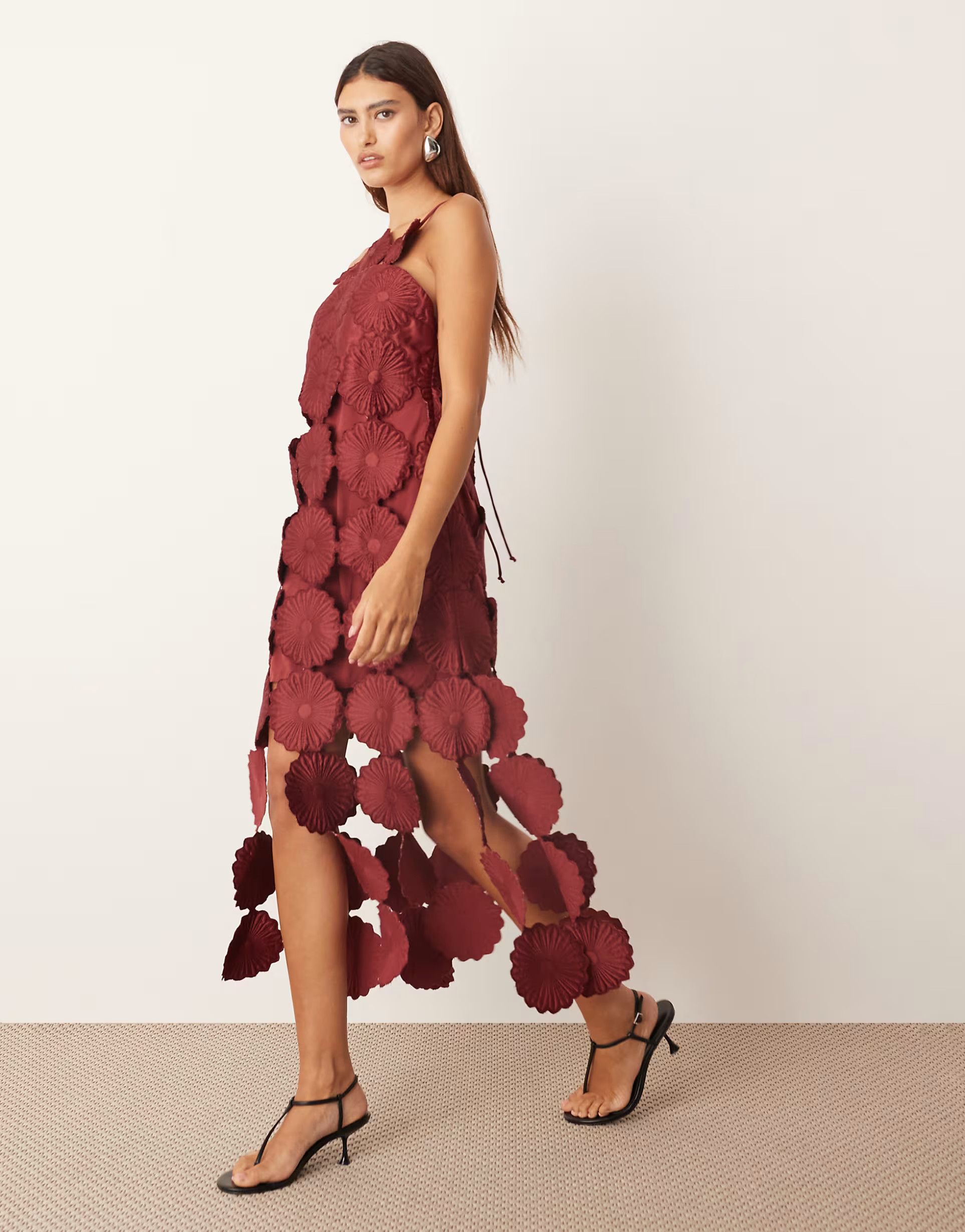 ARRANGE cutwork floral midi dress with fringe hem in burgundy | ASOS | ASOS (Global)