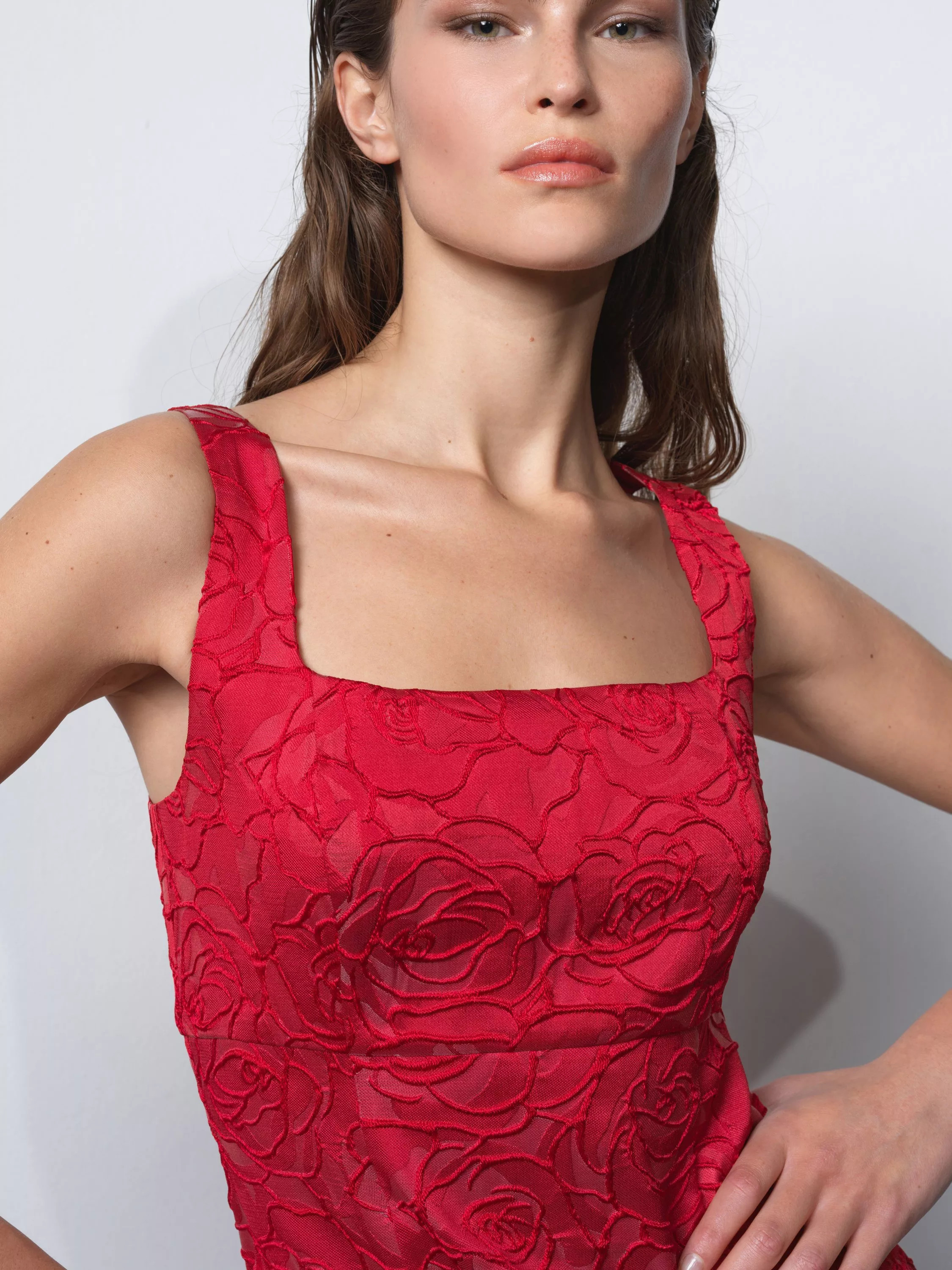 French Connection Crea Jacquard Flared Mini Dress, Lipstick Red | John Lewis (UK)