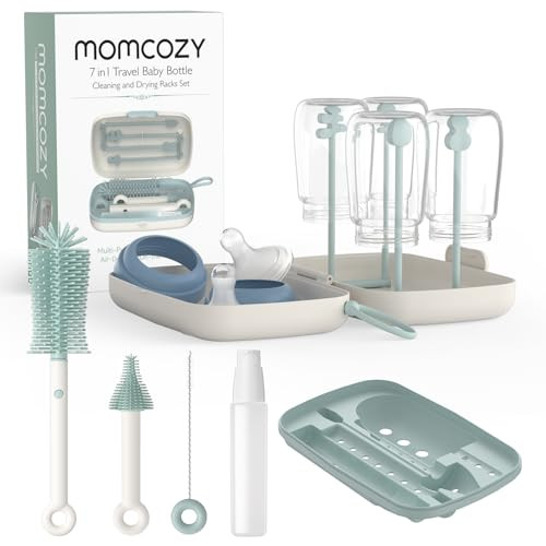 Momcozy Bottle Brush Set - Baby Bottle Cleaner Kit with Silicone Brush, Nipple Brush, Straw Brush, Soap Dispenser, Drying Rack - 7 in 1 Bottle Cleaning Tool for Home and Travel, Green | Amazon (US)