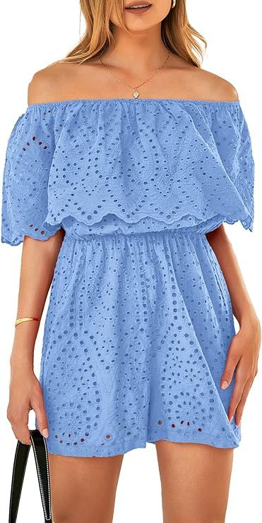 PRETTYGARDEN Women's Embroidery Rompers Dressy 2024 Summer Casual Off Shoulder Ruffle Shorts Jump... | Amazon (US)