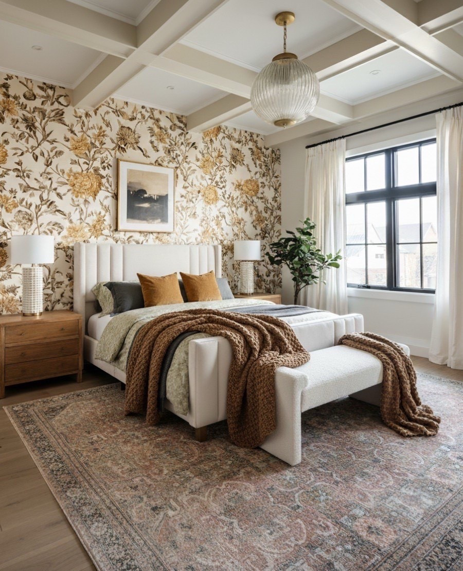 A layered take on warm sophistication, this modern organic bedroom pairs bold pattern with soft texture for a perfectly balanced retreat. A gold floral wallpaper accent wall sets the tone, complemented by a channel tufted upholstered bed and vintage inspired rug in muted rose and olive tones. Amber velvet pillows and a chunky knit throw add cozy depth, while glass-tube brass lamps bring sculptural warmth to matching oak nightstands. Finished with a ribbed globe pendant and coffered ceiling, this bedroom captures the essence of timeless comfort.

Shop the look:
Channel-tufted bed | Floral accent wallpaper | Chunky knit throw | Amber velvet pillows | Oak nightstands | Glass-tube brass lamps | Vintage-inspired area rug | Ribbed globe pendant | Coffered ceiling design 

#LTKHome #LTKSaleAlert