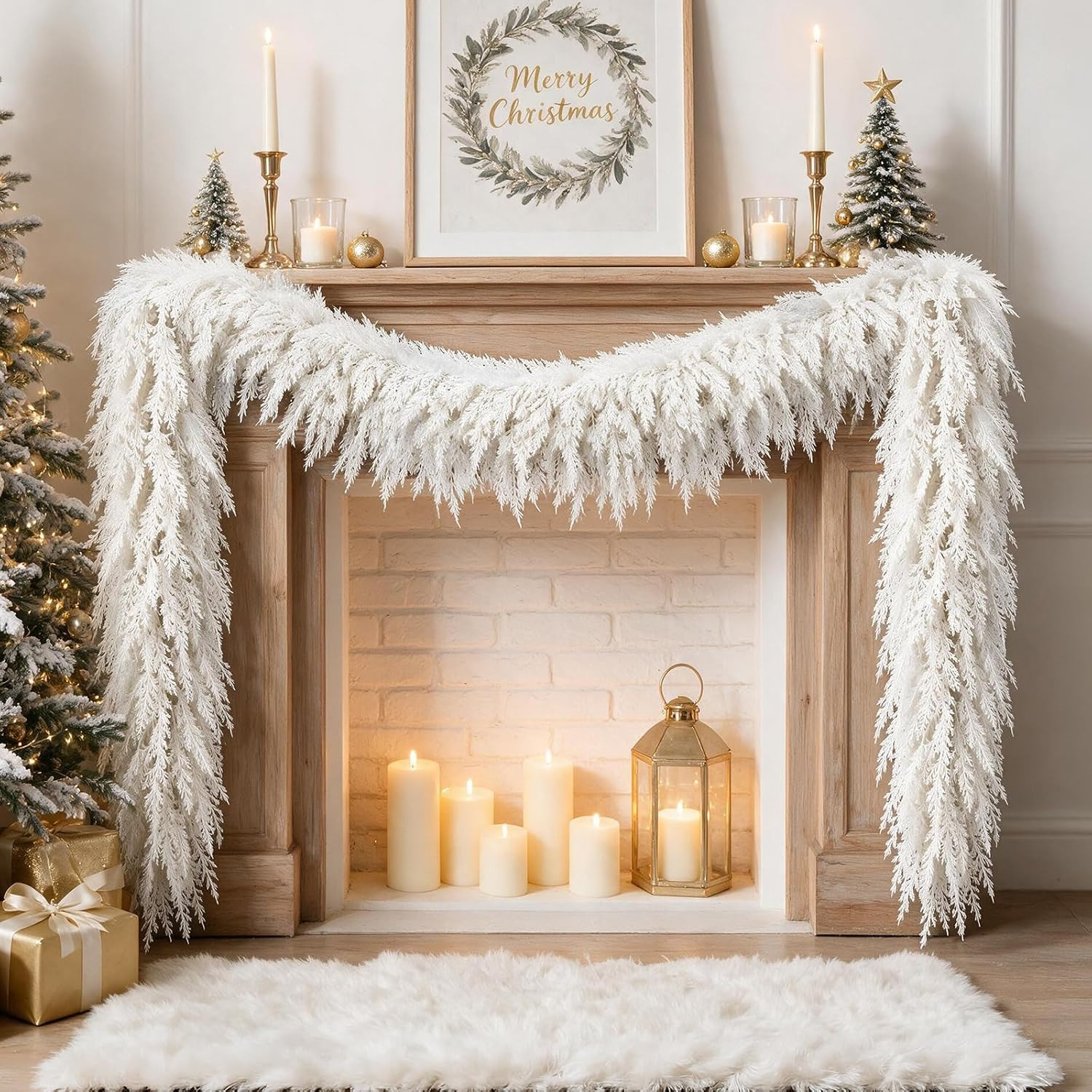 9FT White Christmas Cedar Garland, Realistic Artificial Garland, Winter Snowy Xmas Decorations Indoor Outdoor, Faux Holiday Garland for Mantle, Fireplace, Table, Door, Wedding Party Decor | Amazon (US)