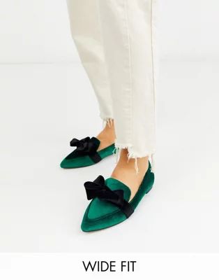 ASOS DESIGN Wide Fit Ludo bow pointed ballet flats in green velvet | ASOS US