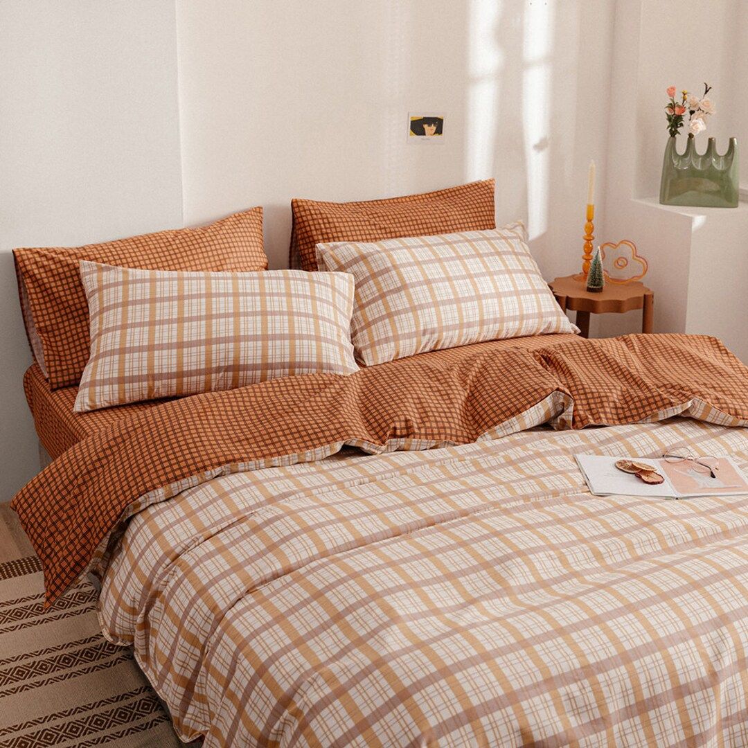 100% Cotton Plaid Duvet Cover King Orange Grid Bedding Set Geometric Plaid Comforter Cover Hotel ... | Etsy (US)