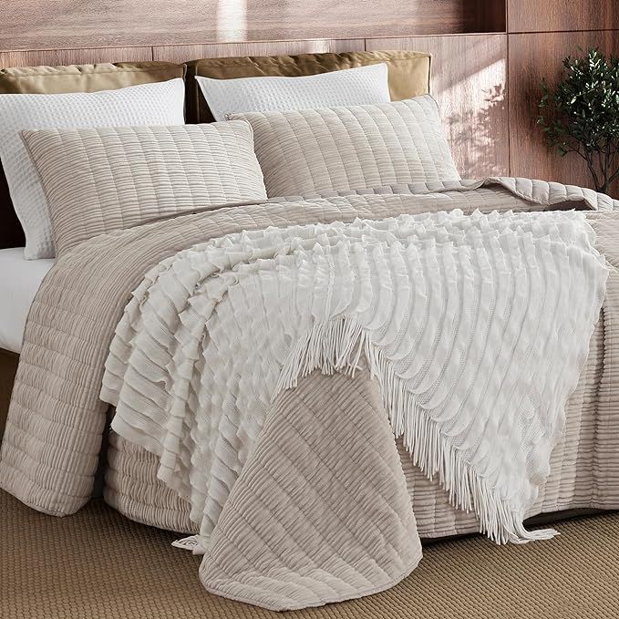 SHALALA NEW YORK Corduroy Quilt Queen Size 3 Pieces Bedding Set, Striped Bed Cover Cozy Bedspread... | Amazon (US)