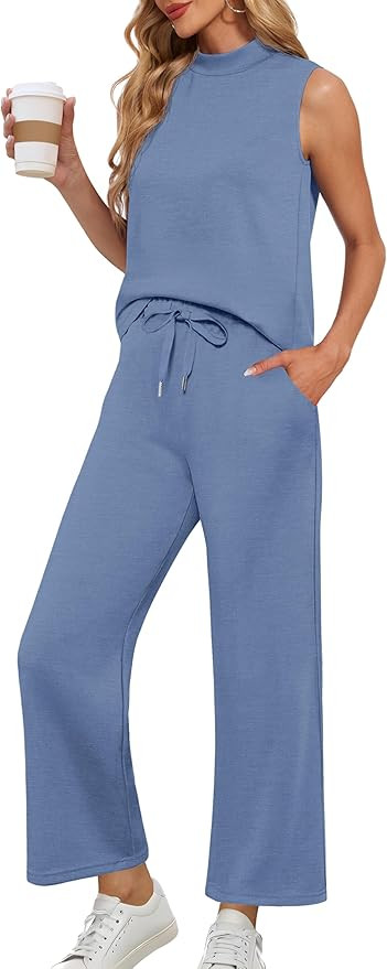 Lepunuo Two Piece Sets for Women Summer Mock Neck Sleeveless Top Wide Leg Pants Lounge Sets Vacat... | Amazon (US)