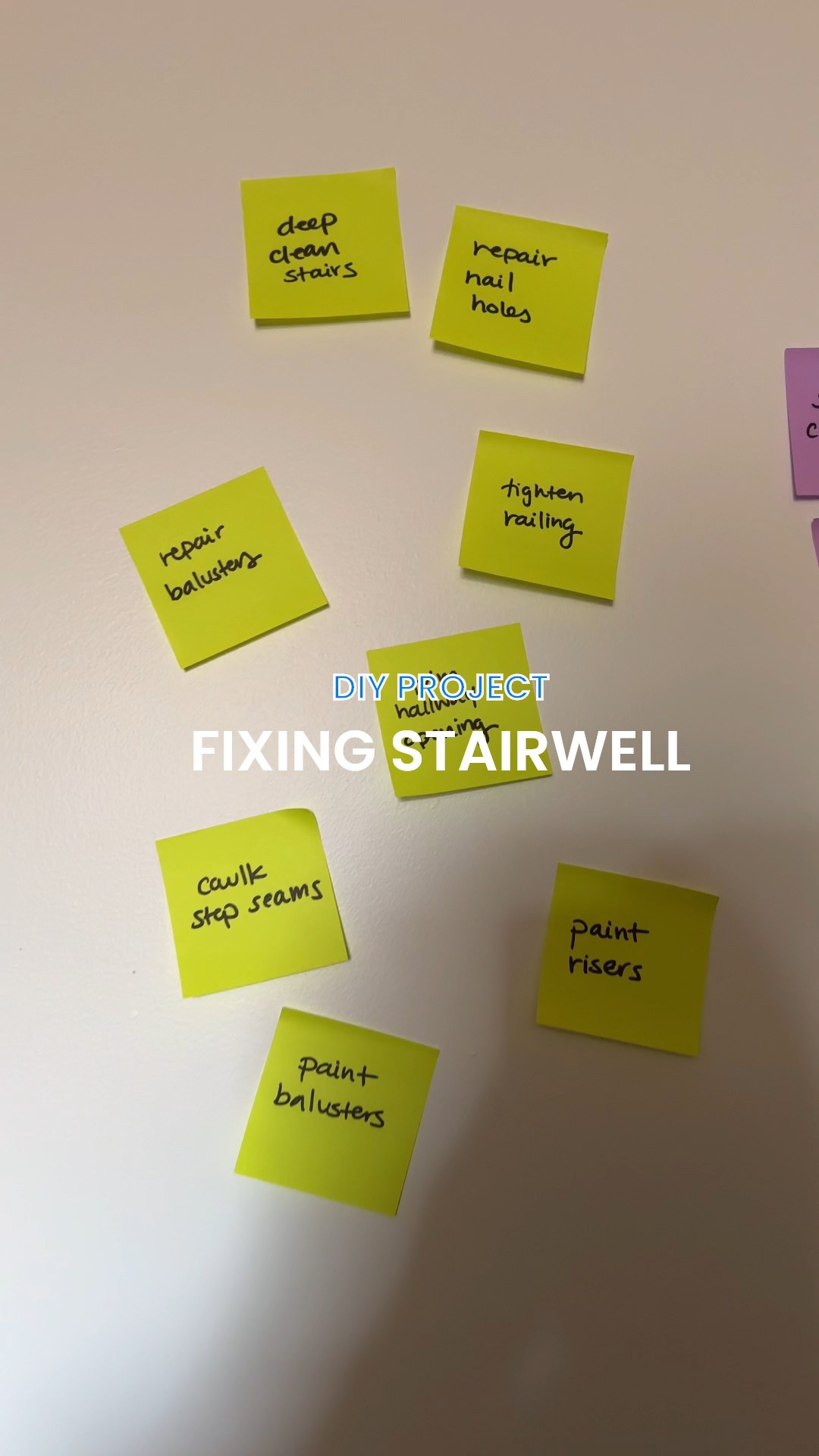 Home DIY. Today I’m cleaning and making repairs on our stairwell using my post it planning. Filing holes, caulking, and getting ready for paint. 

#LTKHome #LTKMidsize #LTKWorkwear