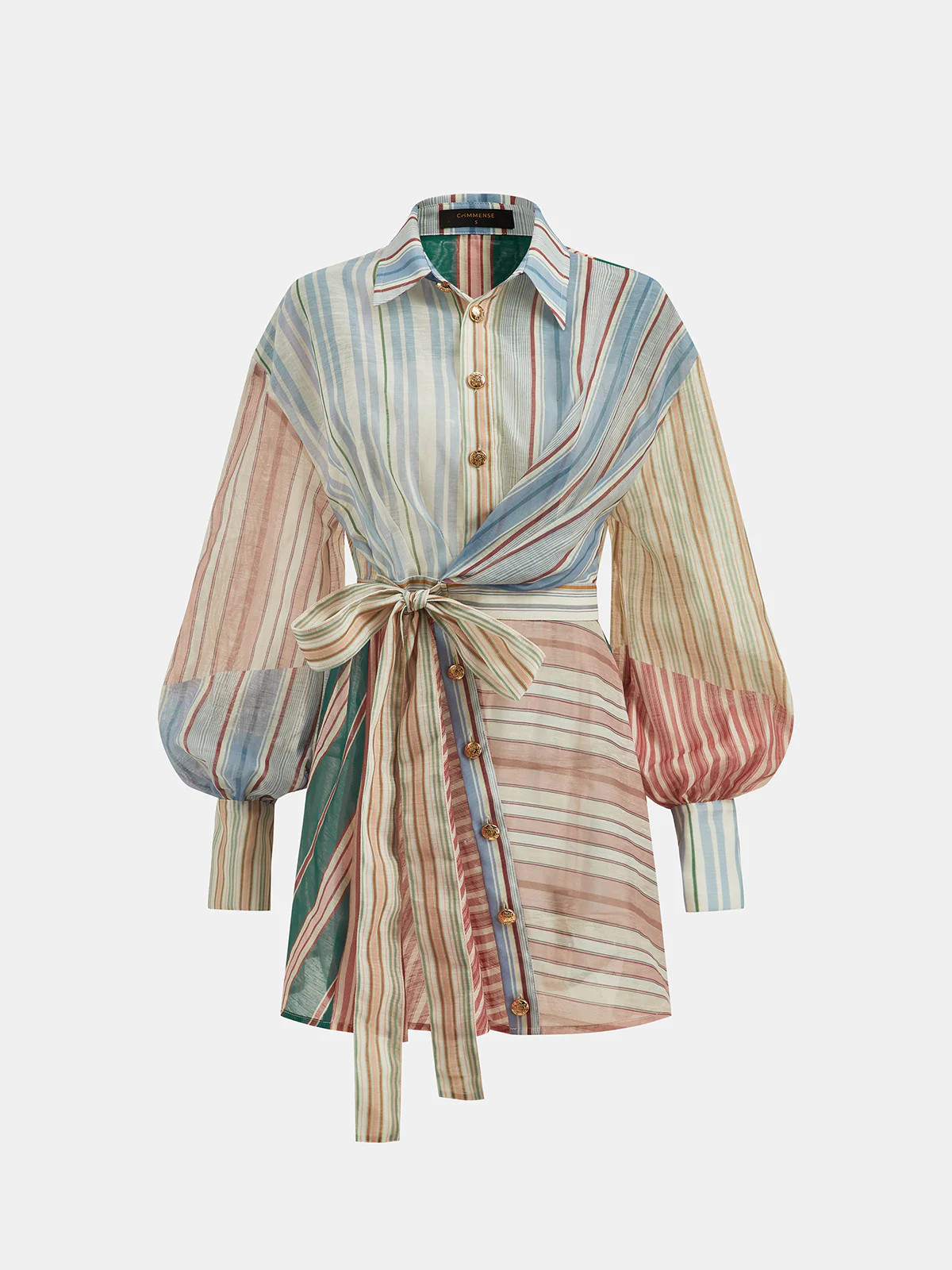 Colorful Stripe Wrap Tie Waist Shirt Dress | Commense