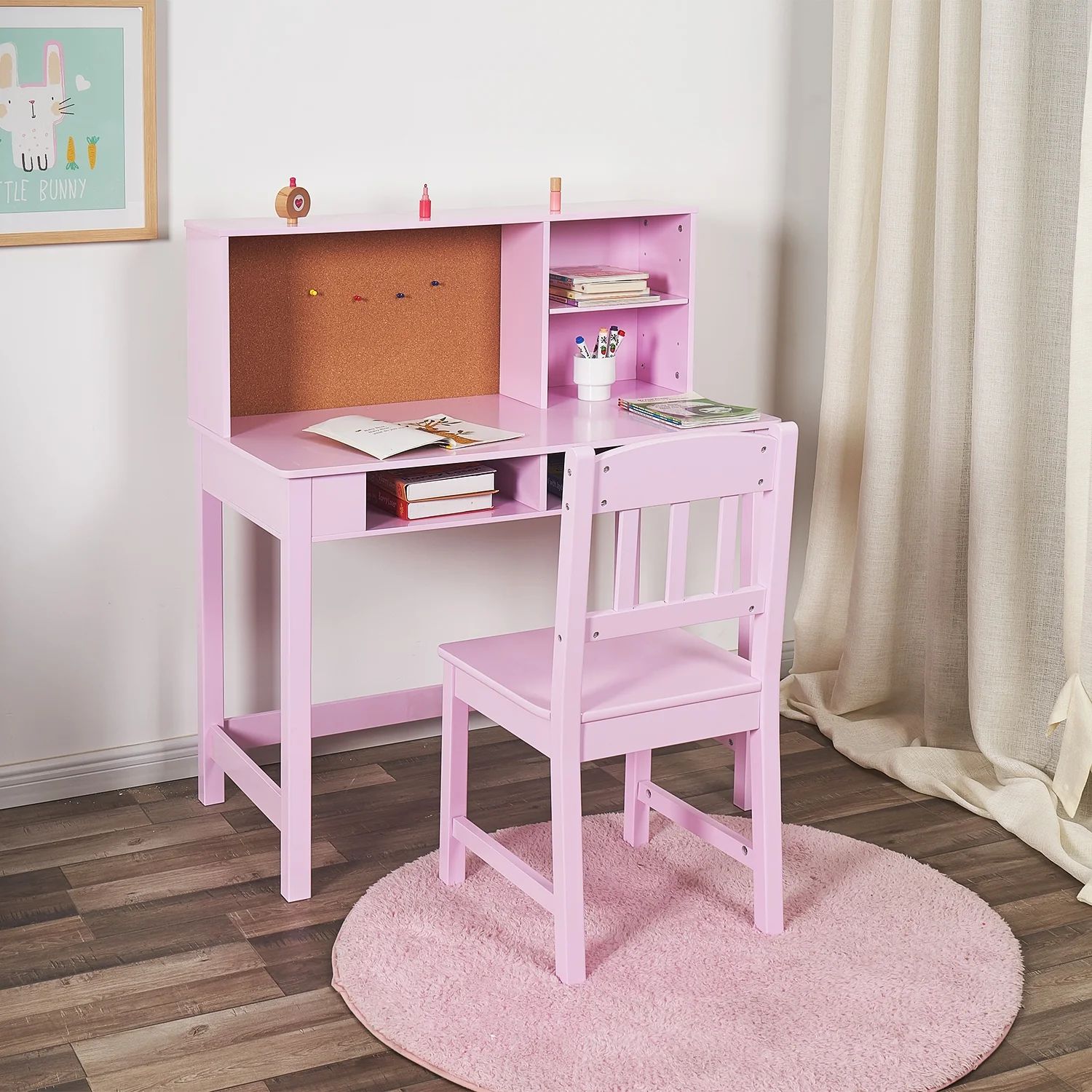 Kids Wood Study Hutch Desk Straight Back Chair, Child Desk And Chair Set, Pink - Walmart.com | Walmart (US)