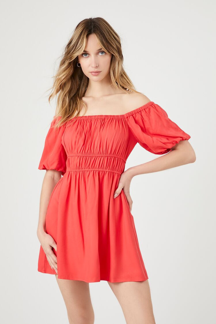 Women's Off-the-Shoulder Peasant Mini Dress in Cayenne Small | Forever 21 (US)