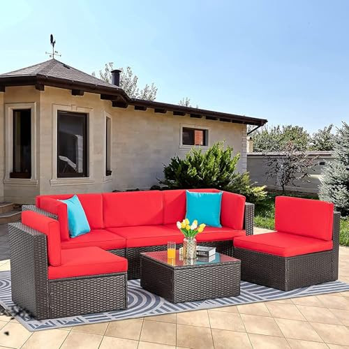 Vongrasig 6 Pieces Patio Furniture Set, Outdoor Sectional Sofa Couch, All Weather PE Rattan Patio Conversation Sets with Coffee Table for Garden, Backyard, Poolside (Red) | Amazon (US)