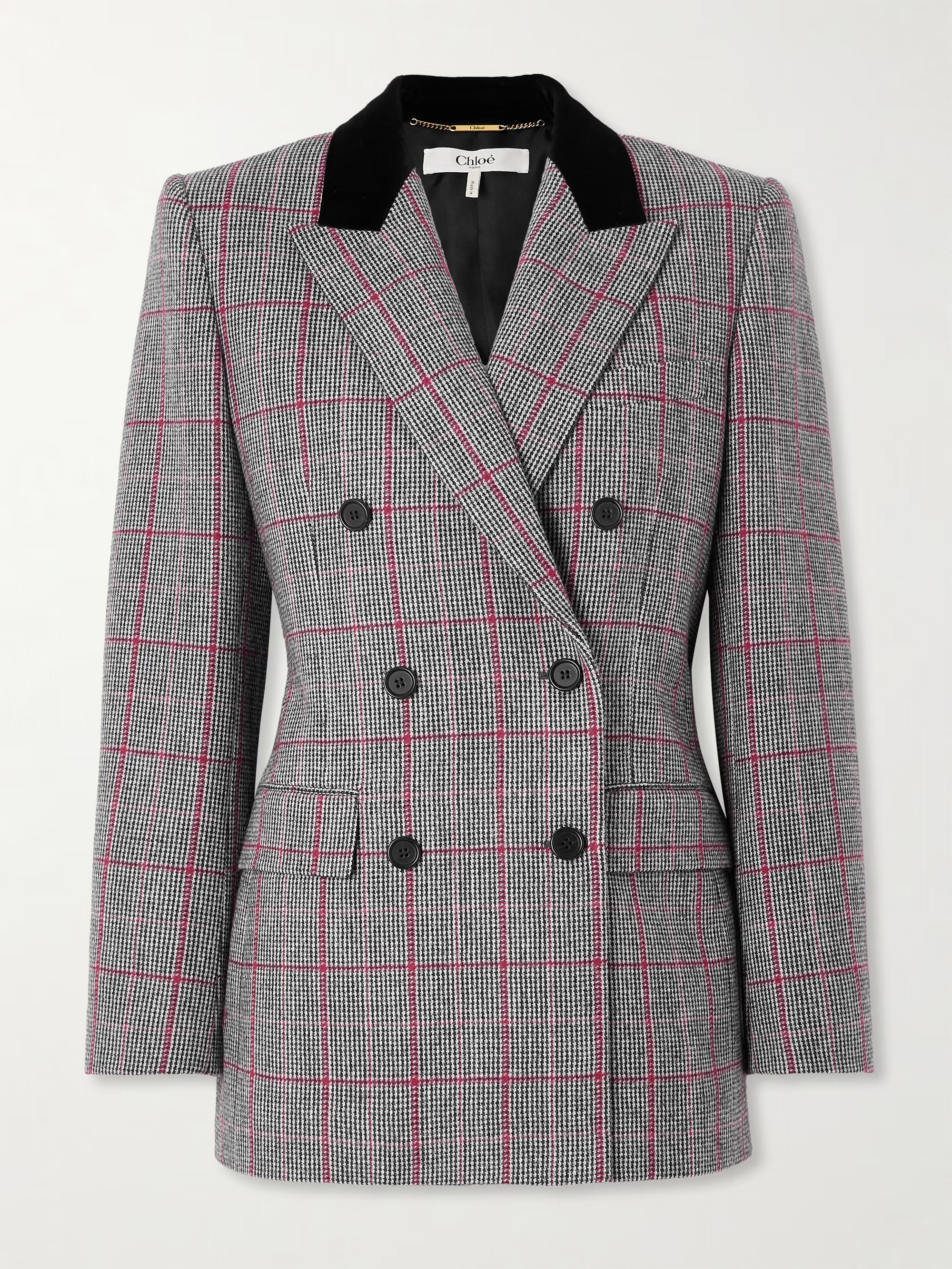 Double-breasted velvet-trimmed checked wool blazer | NET-A-PORTER APAC