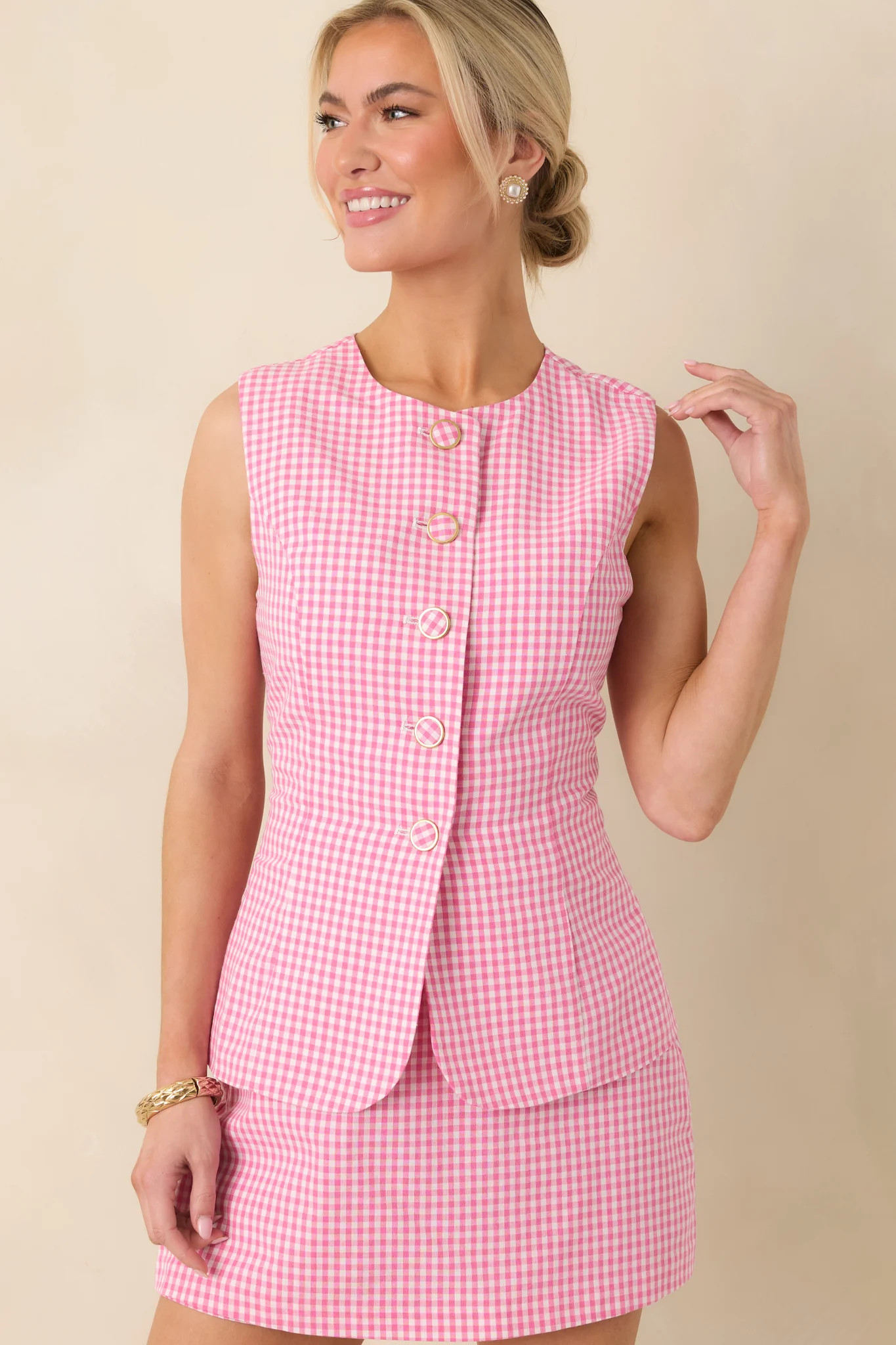 Simply Joyful Pink Gingham Sleeveless Romper | Red Dress