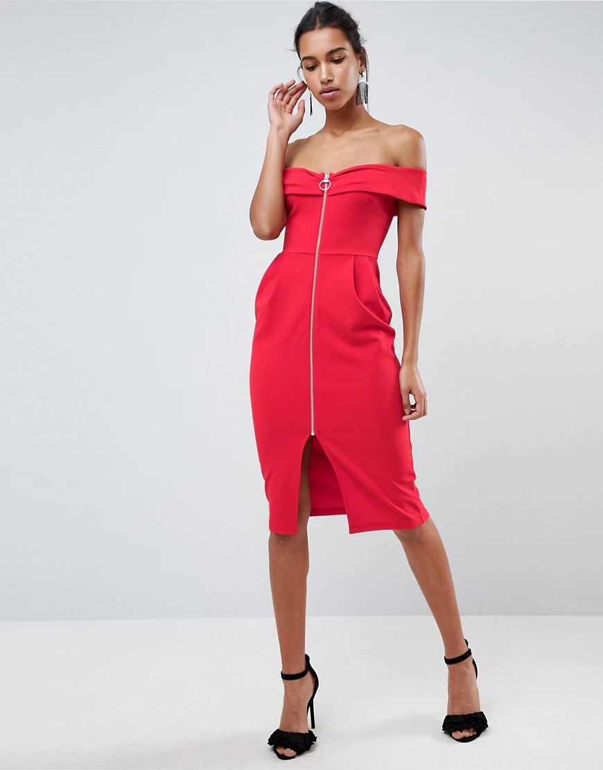 ASOS Bardot Zip Through Midi Dress-Red | ASOS (Global)