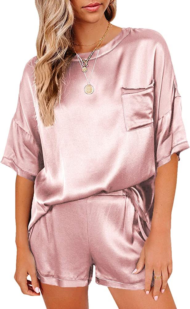 LYANER Women's Satin Silky Pajama Set Short Sleeve T-shirt With Shorts Set PJ Loungewear | Amazon (US)