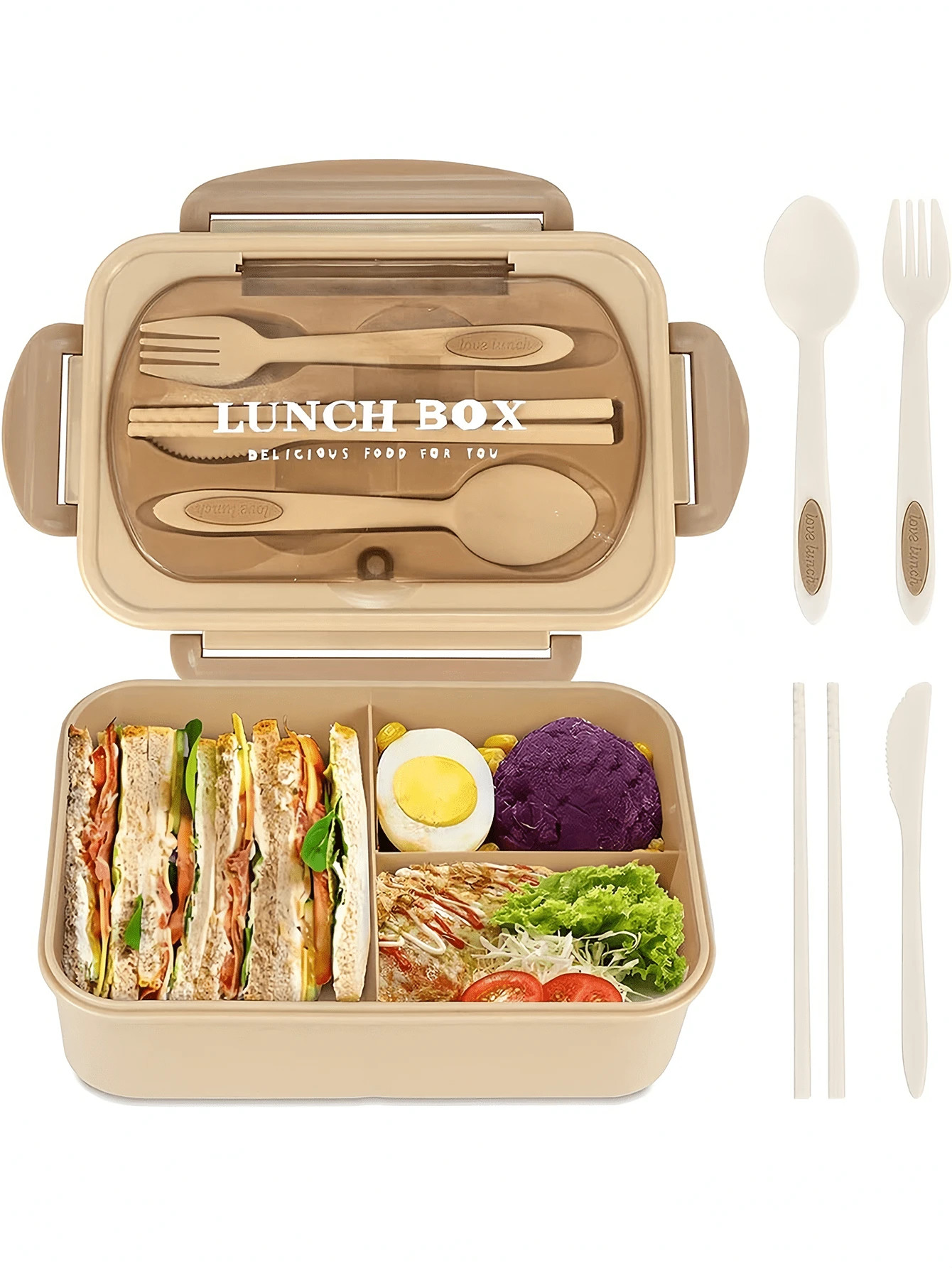 1pc 1200ml Adult Bento Box With Utensils And Leak-Proof Lid, 3-Compartment Lunch Container School... | SHEIN