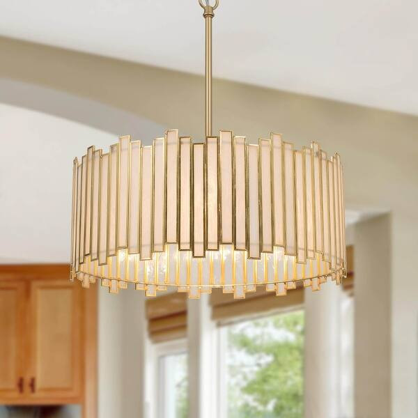 Modern Glam 4-Light Brass Gold Drum Chandelier for Dining Room - D16"xH19" | Bed Bath & Beyond
