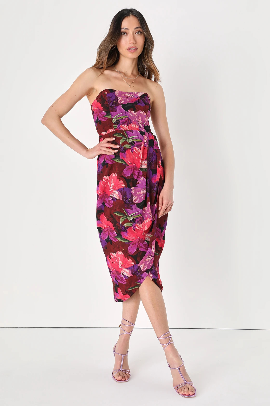 Effortless Charm Burgundy Floral Strapless Tulip Midi Dress | Lulus (US)