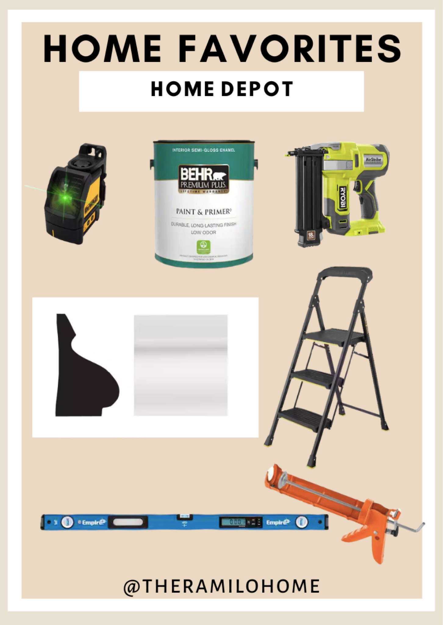 DIY tools
Brad nailer
Nail gun
Home Depot essentials
House ladder
DIY wall panel
Wall moulding 
Laser leveler
White paint
DIY home tools
Beginner tools

#LTKsalealert #LTKhome #LTKstyletip