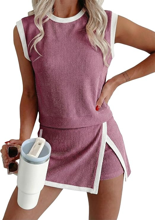 EVALESS 2 Piece Sets for Women Summer Outfits Ribbed Knit Tank Top and Split Lined Skirt Two Piec... | Amazon (US)