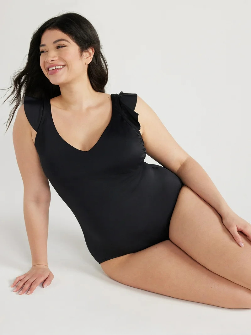 Time and Tru Women's and Plus Solid Ruffle Strap One Piece Swimsuit, Sizes XS-3X | Walmart (US)