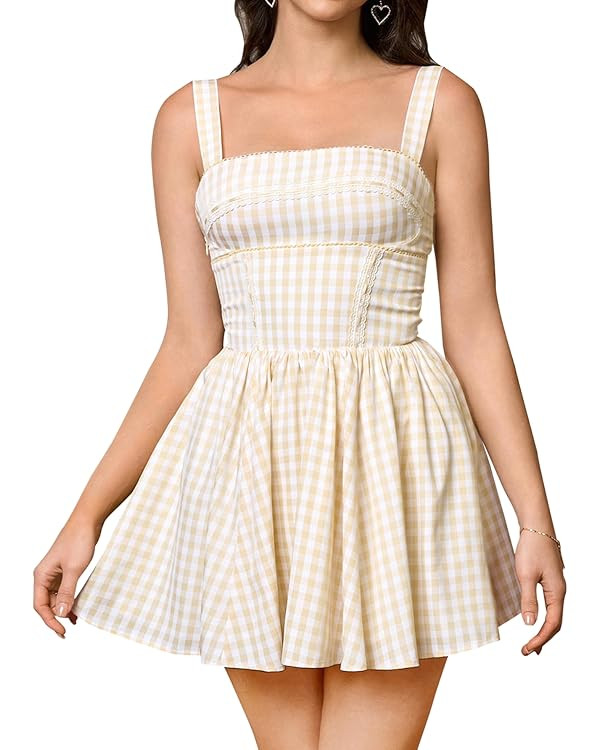 KUTUMAI Summer Gingham Mini Dress Corset Square Neck Lace Up Casual Sundress Flowy A Line Short D... | Amazon (US)