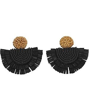 COIRIS Bohemia Beaded Fringe Statement Earrings with Long Dangling Tassel Raffia Earrings for Wom... | Amazon (US)
