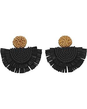 COIRIS Bohemia Beaded Fringe Statement Earrings with Long Dangling Tassel Raffia Earrings for Wom... | Amazon (US)