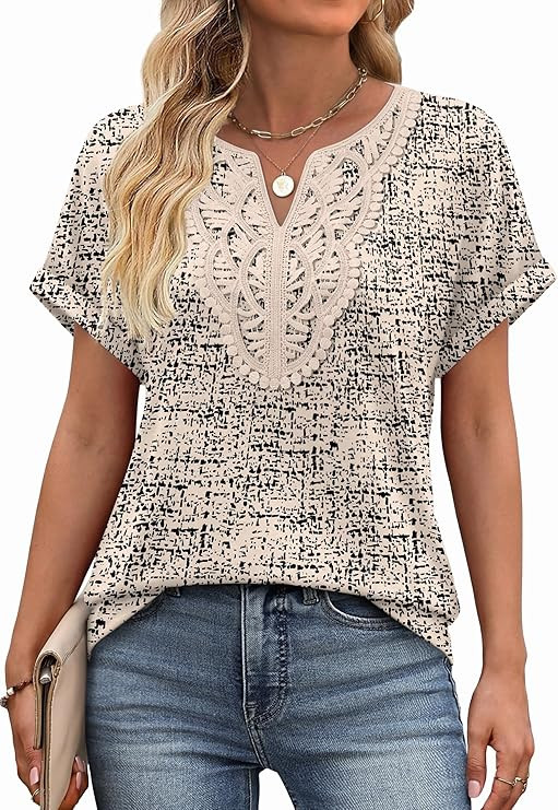 Sipaya Womens Blouses Dressy Casual Summer Shirts Short Sleeve Lace Front Boho Tunic Tops for Leg... | Amazon (US)