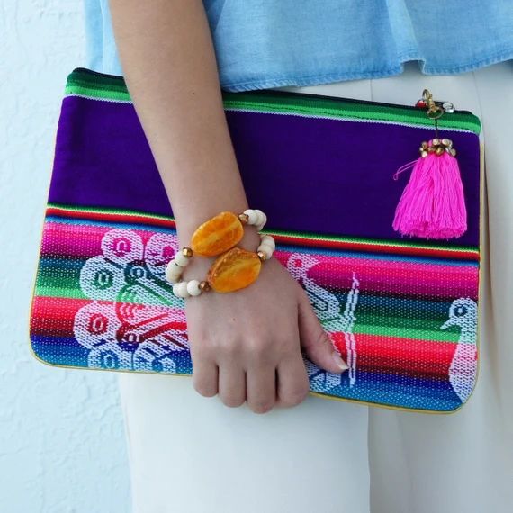 Pink Tassel Bag - Bolivian Aguayo Fabric - Purple Striped Bohemian purse - Tassel Clutch | Etsy (US)