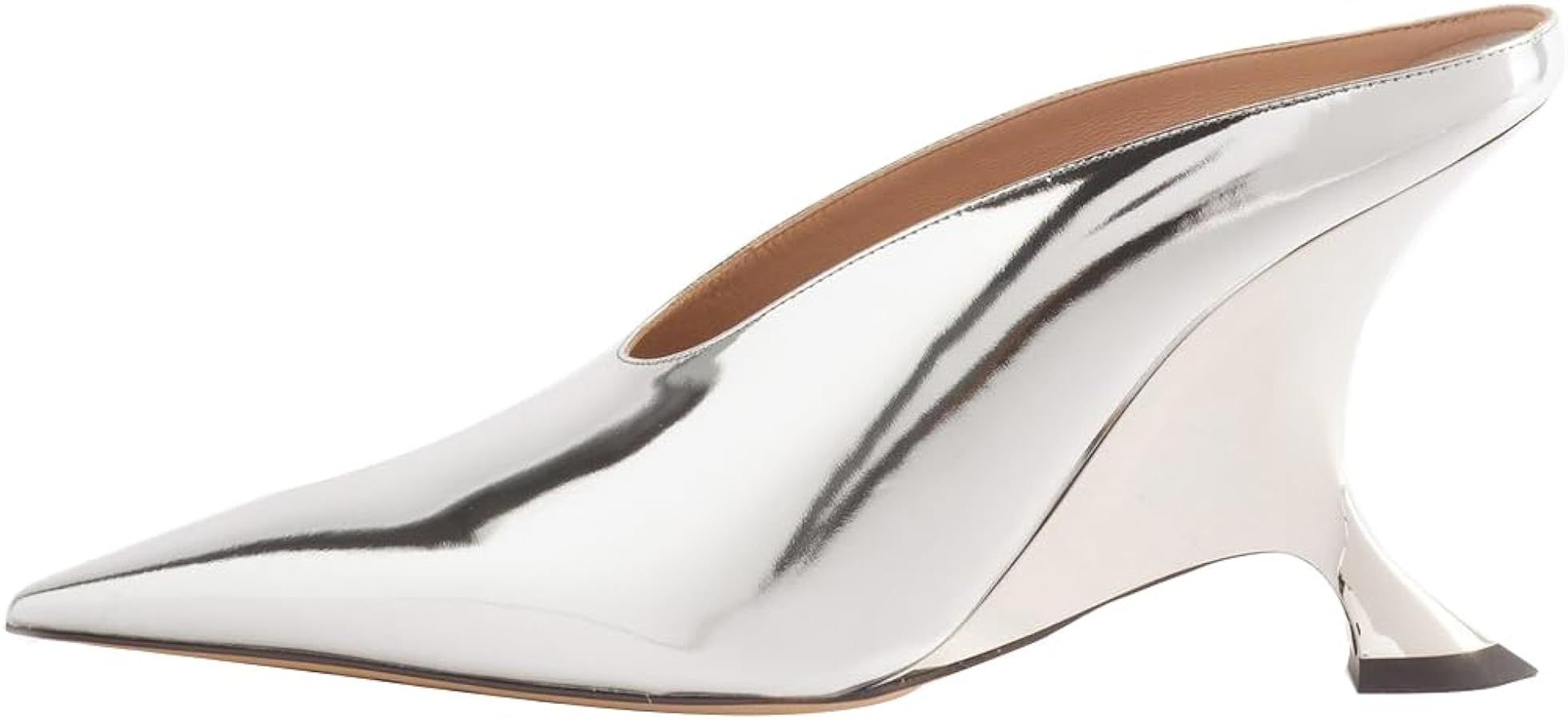 Amazon.com | Arqa Metallic Leather Heeled Mules for Women Pointed Toe Wedge Heel Slide Sandals Sl... | Amazon (US)