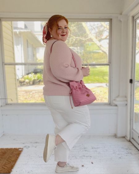Casual spring outfit idea! Pair a cropped cardigan and cropped jeans with white sneakers, a silk scarf tied around your ponytail, and a shoulder bag.

#LTKplussize #LTKSeasonal #LTKmidsize