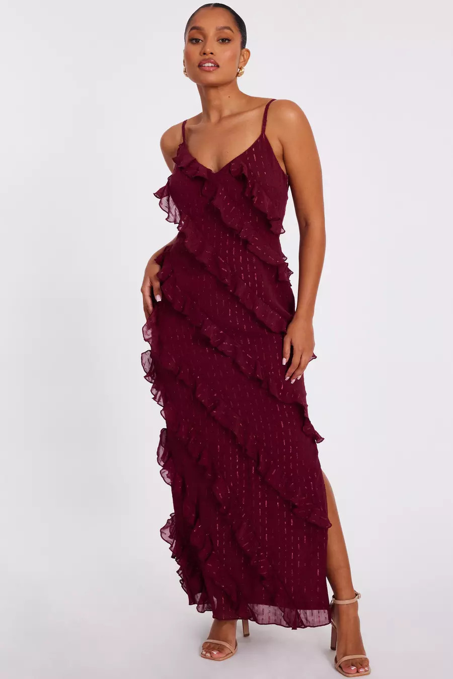 Petite Burgundy Chiffon Ruffle Midaxi Dress | Quiz Clothing