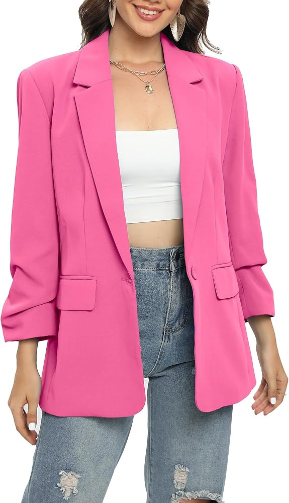 TRNY Womens Blazer Ruched Sleeve Notched Lapel Suit Blazers Jackets with Pockets for Women Busine... | Amazon (UK)