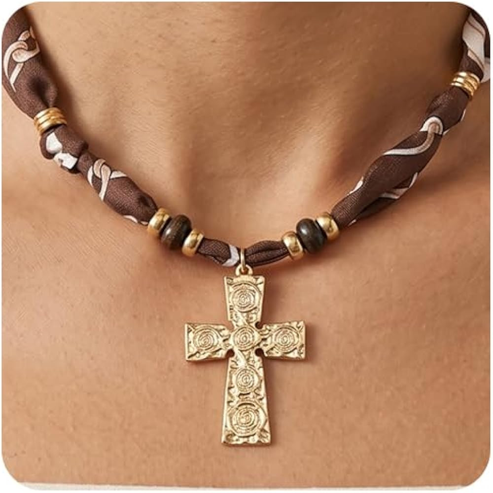 Amazon.com: DoDoBeads Brown Scarf Necklace for Women \u2013 Satin Choker with Gold Engraved Cross... | Amazon (US)