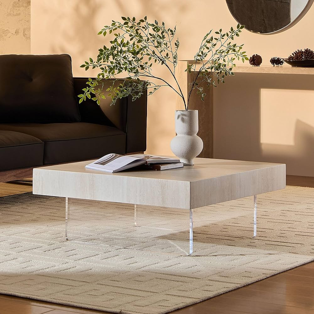 WILLIAMSPACE 34.65" Square Coffee Table with Faux Travertine Pattern & Acrylic Legs, Modern MDF D... | Amazon (US)