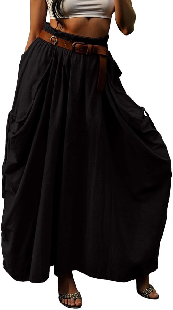 Women's Linen Lantern Maxi Skirt High Waist Summer Casual Loose Fit Boho Long Skirts with Pockets | Amazon (US)