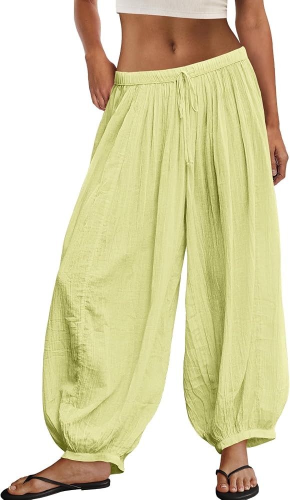 ReachMe Womens Balloon Harem Pants Sheer Summer Elastic Waist Baggy Pants Beach Vacation Outfits | Amazon (US)