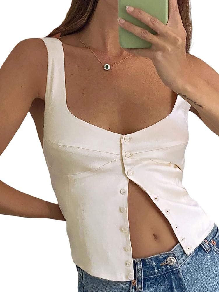 SOFIA'S CHOICE Women's Sexy Square Neck Corset Top Button Front Satin Crop Tank Top | Amazon (US)