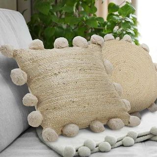 Natural Jute Throw Pillow with Pom Pom Border - 20" x 20" Round - Polyester | Bed Bath & Beyond