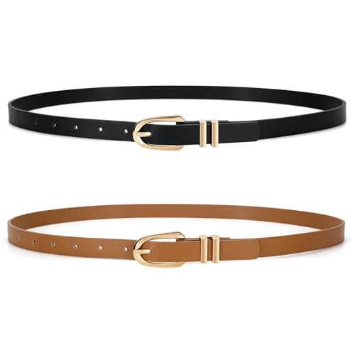 JASGOOD 2 Pack Women Skinny PU Leather Belt Ladies Thin Leather Plus Size Waist Belt for Jeans Dress with Gold Buckle,Black+Brown | Amazon (US)