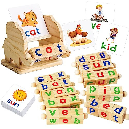 ShyLizard Montessori Learning and Educational Toys Gifts for Kids 3 4 5 Years, Wooden Reading Blocks Toys, Learning Activities for Preschool Kindergarten, Turning Rotating Matching Flash Card Games | Amazon (US)