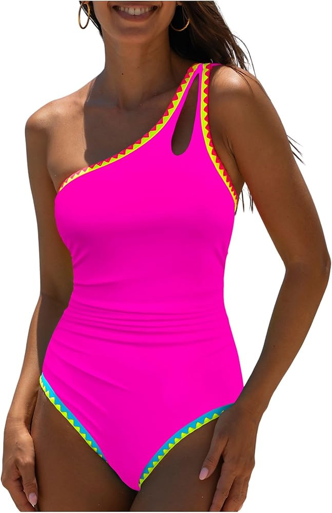 popvil Women's Sexy One Shoulder One Piece Bathing Suits Neon Color Block Swimsuits Slimming Mesh... | Amazon (US)