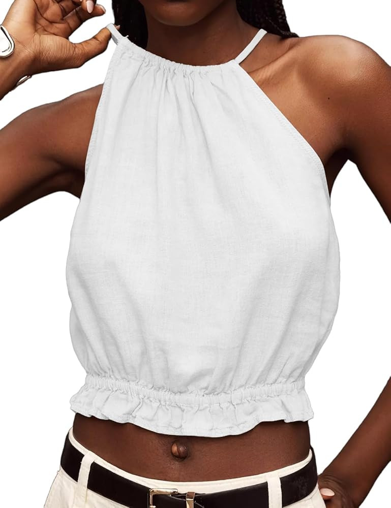 IDEALSANXUN Womens Crop Linen Halter Tops Summer High Neck Tank Tops Sleeveless Shirts | Amazon (US)